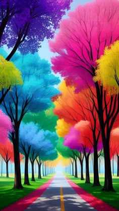 a painting of a road surrounded by trees with bright colors on the trees in the background