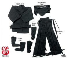 an assortment of black clothing and accessories including boots, socks, pants, and boot covers