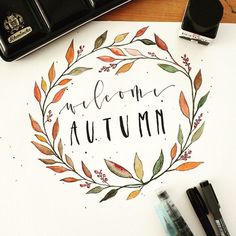 an autumn wreath with the words welcome to autumn written in cursive writing