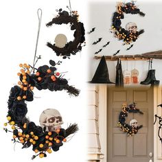 halloween decorations are hanging on the wall and in front of a door with pumpkins