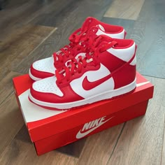 Nike Dunk High Red Deadstock Size 7 Gs/ 8.5 Womens Brand New In Box And Never Worn Or Tried Nike Shoes Red And White, Red And White Nike Shoes, Red And White Nike Dunks, All Red Nike Shoes, Cute Red Shoes, Red Nike Dunks, Nike High Dunks, Dunks Red, Red And White Shoes