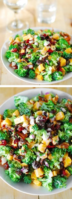 two plates with broccoli and other vegetables on them, one has cheese in the middle