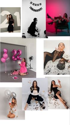 a collage of photos with balloons and women in black outfits, one woman sitting on a couch