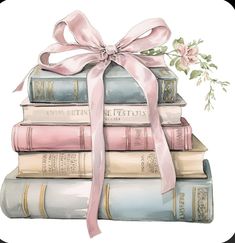 a stack of books with a pink ribbon tied around the top and flowers on each book