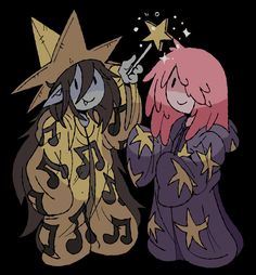 two cartoon characters standing next to each other with stars on their heads and one has pink hair