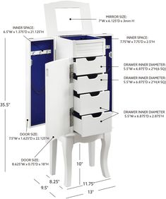 a white and blue cabinet with drawers on it's sides, labeled in measurements