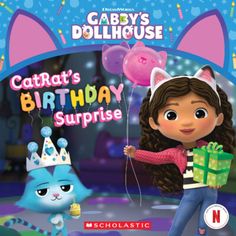 a cartoon character holding a birthday present in front of an image of a cat with balloons