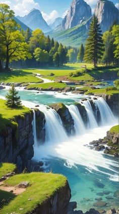 a painting of a waterfall in the middle of a mountain range with green grass and trees