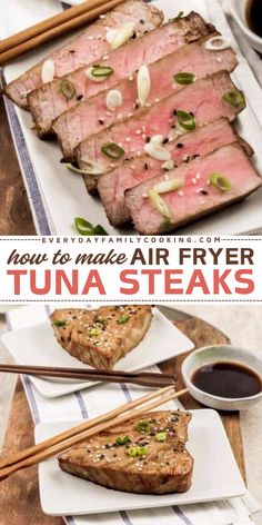 Looking for family-friendly dinners? Learn how to make tuna steaks in the air fryer! Sweet and creamy thanks to an Asian ginger soy marinade, this air fried tuna recipe is the BEST. Such a delicious main course idea! Instant Pot Tuna Steak, Air Fryer Tuna Steaks, Ahi Tuna Steak Recipe Air Fryer, Tuna Steaks In Air Fryer, Air Fryer Tuna Steak, Air Fryer Tuna, Ahi Tuna Steaks, Marinated Tuna Steak, Tuna Steak Recipe