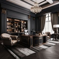 an elegant office with black walls and gold accents