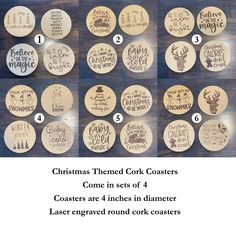 christmas themed cork coasters are shown with instructions to make them look like they have been made from wood