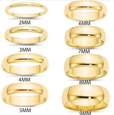 four different sizes of wedding rings with measurements for each ring and the size to choose from