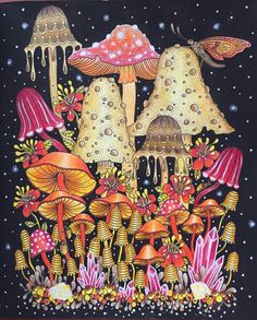 a painting of mushrooms and flowers on a black background