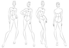 a line drawing of three women in different poses, one with her hands on her hips