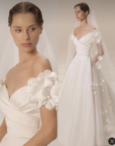 a woman wearing a wedding dress and veil with flowers on the side, standing in front of a mannequin