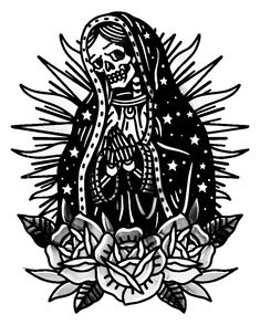 a black and white drawing of a woman with stars on her head, surrounded by roses