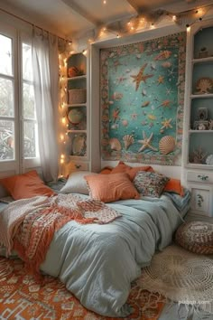 a bedroom with an orange and blue theme