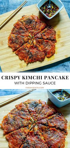 Crispy kimchi pancake served on a wooden board, with a side of dipping sauce served in a white bowl. Next to the kimchi is a pair of wooden chopsticks. Kimchi Pancake Dipping Sauce, Korean Pancake Sauce Recipe, Easy Recipes With Kimchi, Crispy Korean Pancake Recipe, Leftover Kimchi Recipe, Kimchi Pancake Recipe Easy, Korean Pancake Sauce, Korean Pancake Mix Recipe, Korean Kimchi Pancake