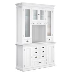 a white china cabinet with glass doors and drawers on the bottom, in front of a white background