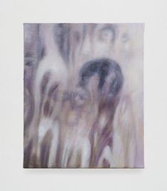 an abstract painting with white and purple colors on the bottom half of it, in front of a white wall