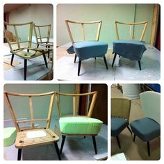 four pictures of different chairs in various stages of construction