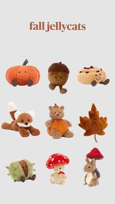 a bunch of stuffed animals that are in the shape of pumpkins and leaves on a white background