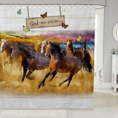 three horses running in the desert with butterflies on their backs and god says you like shower curtain set