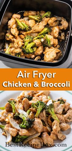 an air fryer with chicken and broccoli in it next to a white plate