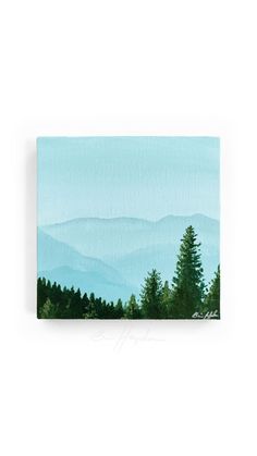 a painting of mountains and trees with blue sky in the background