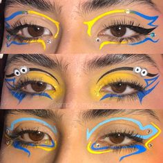 four pictures of different eyes with yellow and blue makeup on them, one has an eyeliner