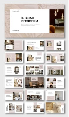 the interior decor firm presentation is displayed on a white and beige background with lots of different images