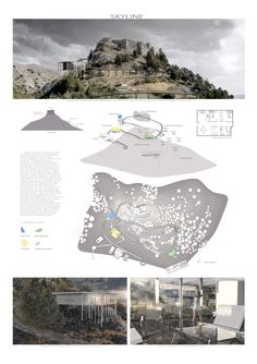 an architectural presentation board showing the various sections of a building and its surrounding area, with diagrams