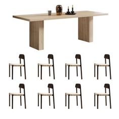 six chairs and a table with bottles on it in front of a white background,