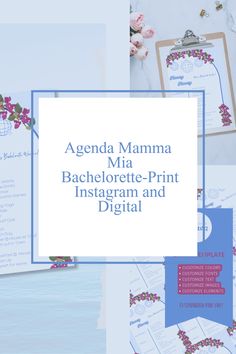 an image of wedding stationery with the words agenda mamma mia bachelor - print instagramm and digital