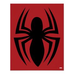 a black spider logo on a red background