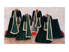 four green dresses with gold trims and red flowers on the bottom one is long