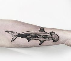 a man's arm with a tattoo of a shark and a fish on it