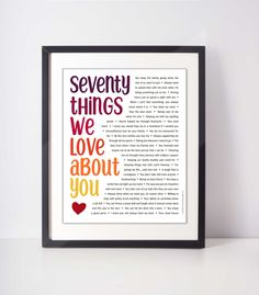 a framed book page with the words seventy things we love about you