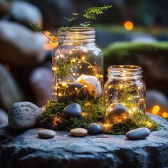 two mason jars filled with rocks and lights are sitting on a rock surrounded by moss