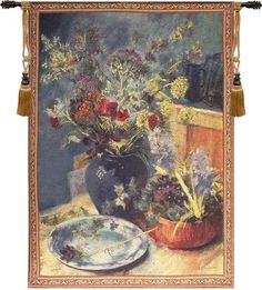 a painting of flowers in a vase and a plate on a table with a cloth