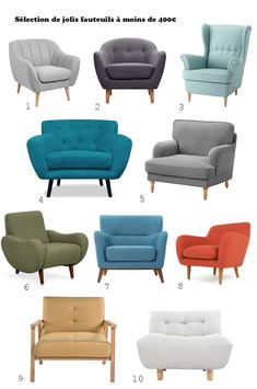 the different types of chairs and couches for living room or bedroom, all in different colors