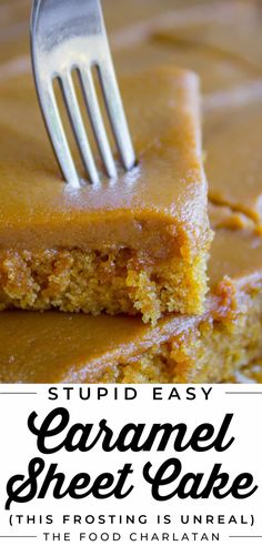 a close up of a fork on top of a cake with caramel icing