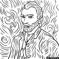 a black and white drawing of a man with wavy hair