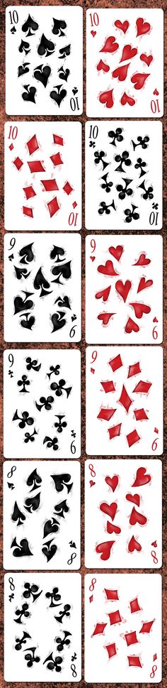 the numbers and symbols for playing cards are shown in red, black, and white