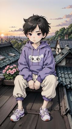 an anime character sitting on top of a roof