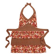 an apron that is made out of red and orange fabric with flowers on the front