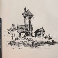 an ink drawing of a tower on top of a hill next to a body of water