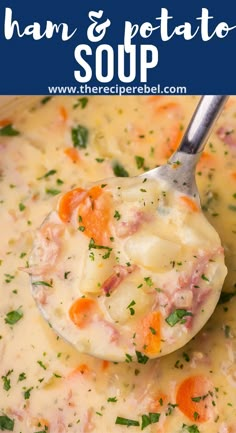 ham and potato soup in a white bowl with a spoon