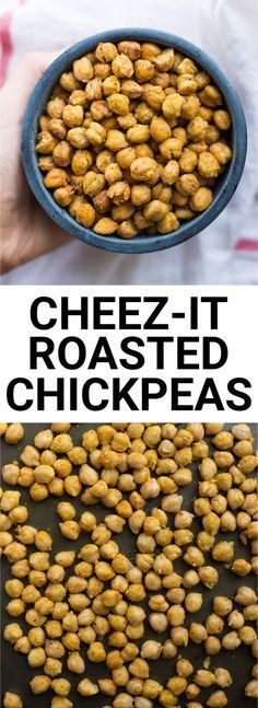 roasted chickpeas in a blue bowl with the words cheez - it roasted chicken peas