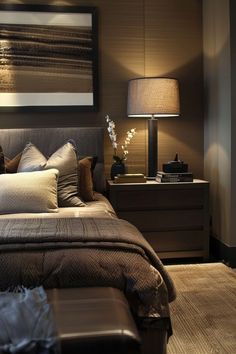 a bedroom with a bed, night stand and lamps